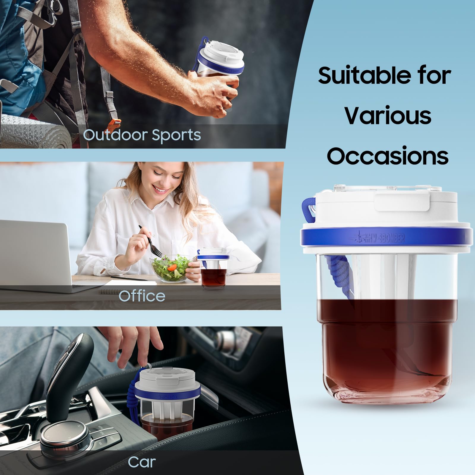 MHW-3BOMBER Cold Brew Coffee Maker Crossbody Portable 18oz - Iced Coffee Mug Tea Brewer Pitcher with Filter - Travel Coffee Tumbler for Gifts Car Office Gym, Red M5771R-OS - Image 5