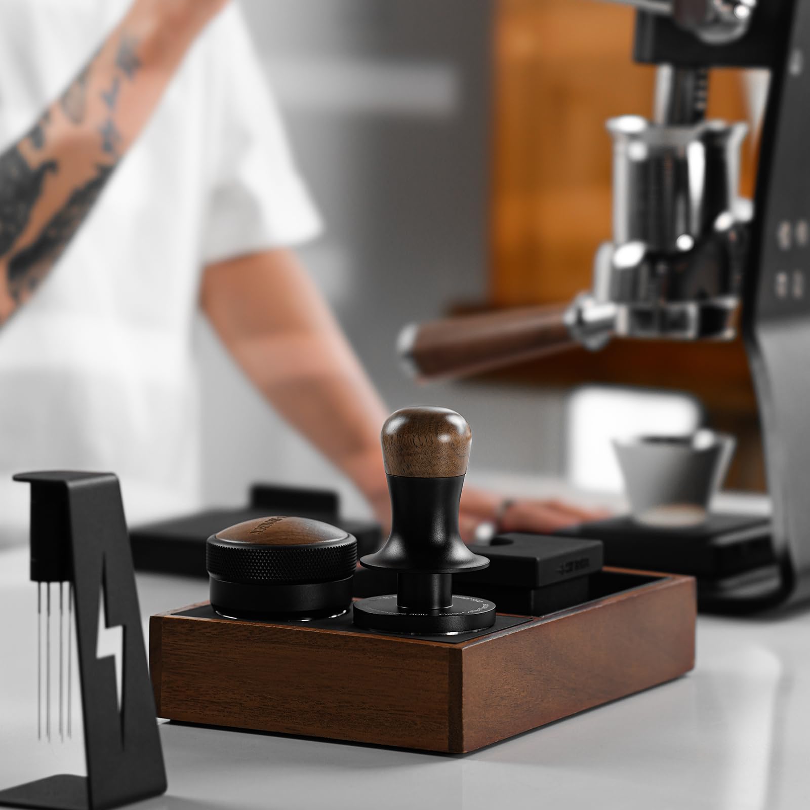 MHW-3BOMBER Espresso Coffee Distributor 58.35mm, Espresso Distribution Tool with Wooden Lid, Adjustable Height Coffee Leveler with Non-slip for 58mm Portafilters, Espresso Accessories T5270L4 - Image 6