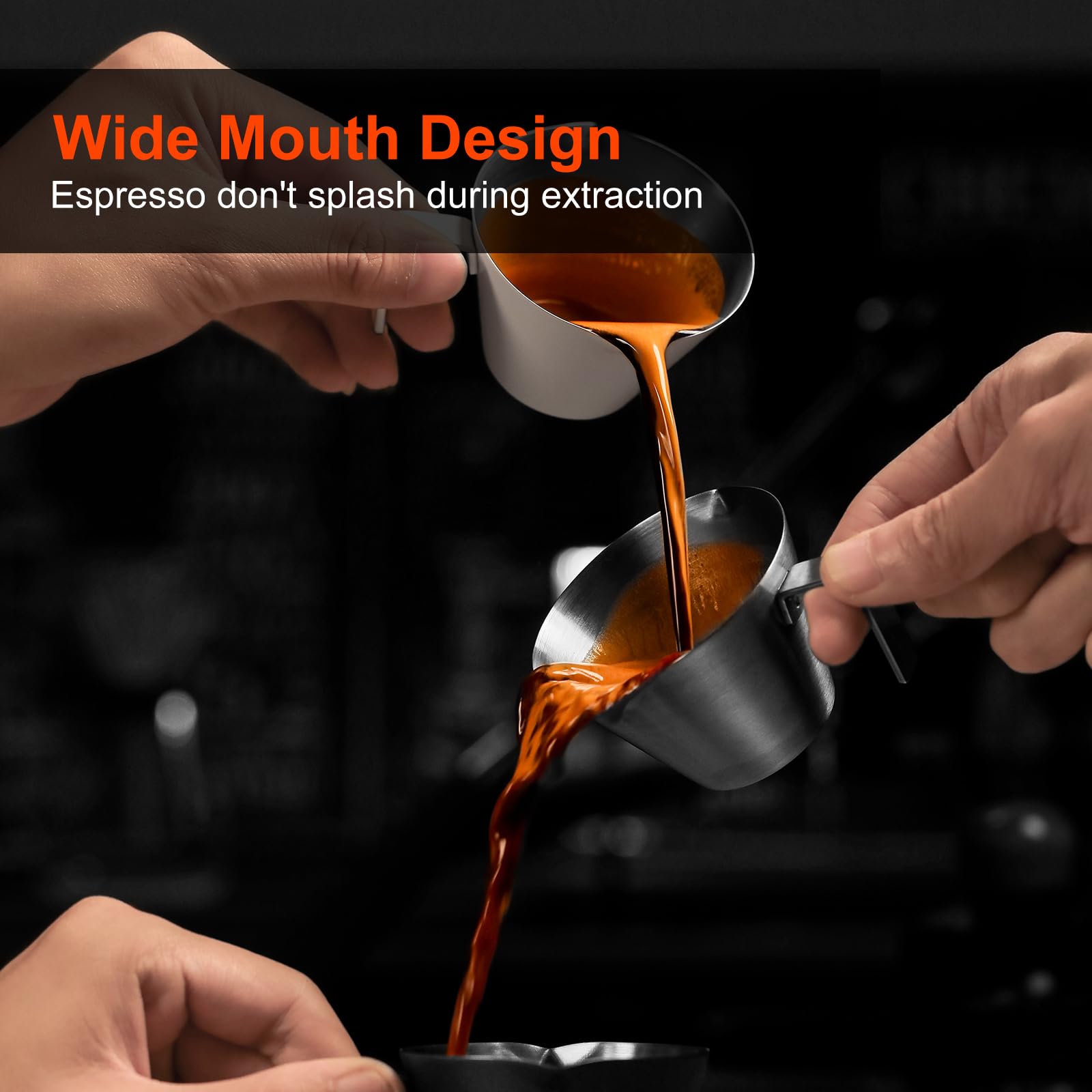 MHW-3BOMBER Espresso Measuring Cups, Double Spouts Stainless Steel Espresso Pour Cup, Espresso Shot Cups with Handle Scale, Metal Measuring Cups with V-Shaped Mouth, 3.4OZ/100ML Black G5148B-OS - Image 4