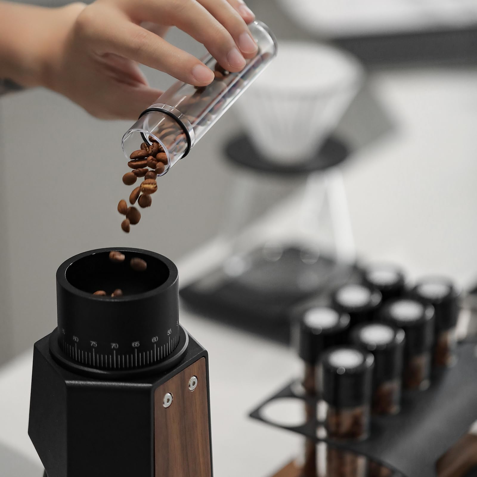 MHW-3BOMBER Single Dose Coffee Bean Storage Tubes, 8 pcs, Coffee Bean Cellars with One-Way Exhaust Valve,Espresso Dosing Vials with Walnut Stand & Hopper, C5152-OS - Image 7